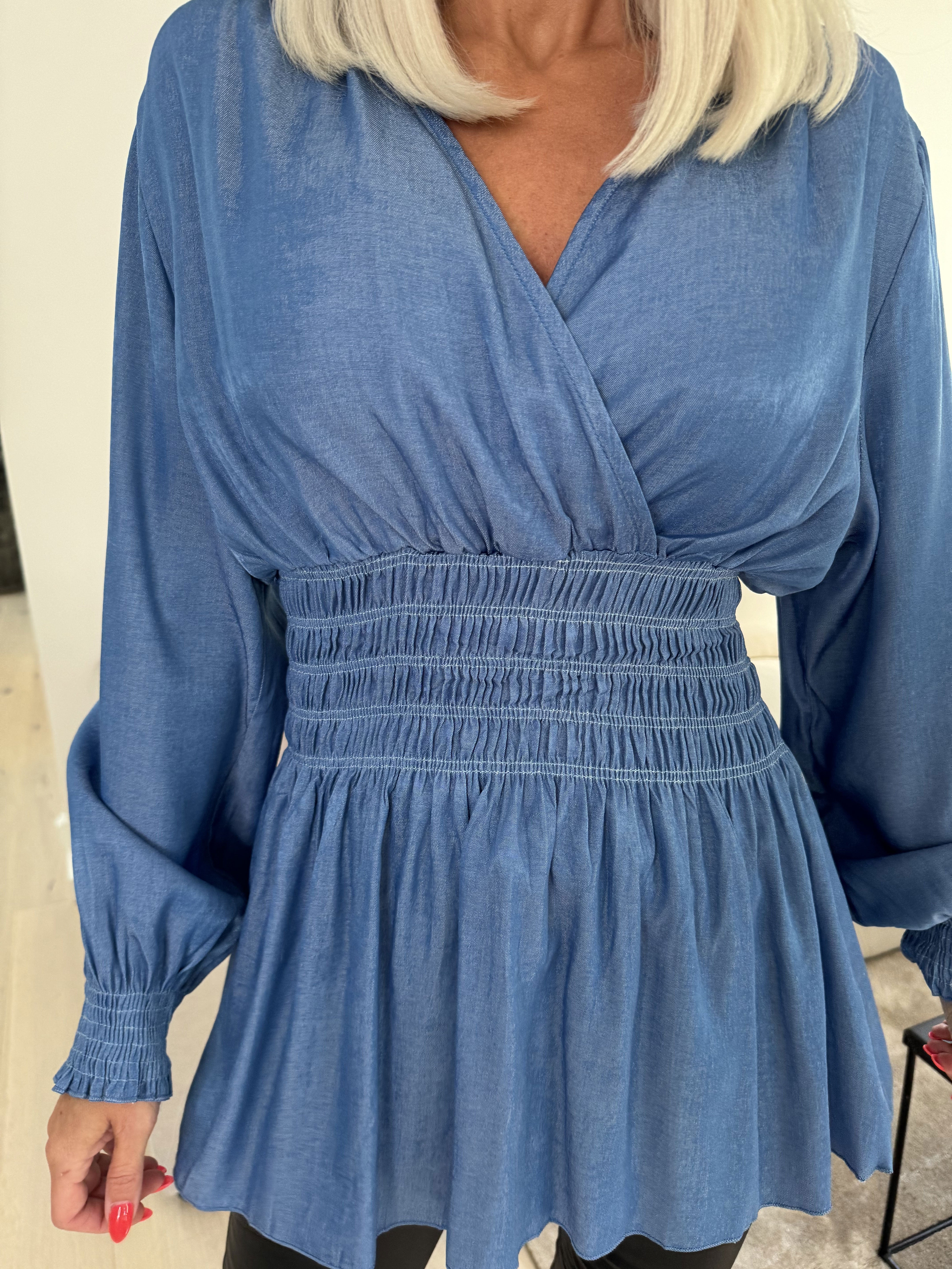 Pams Denim Shirt L/S - Elastisk bluse med lange ærmer